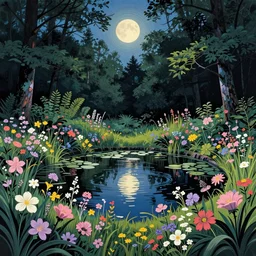 ( ( ( ( ( ( gediminas pranckevicius ) ) ) ) ) ), a pond in the forest, moonlight, flower garden summer morning, very coherent and colorful high contrast art by simon stalenhag floralpunk screen printing woodblock, dark shadows, pastel color, hard lighting