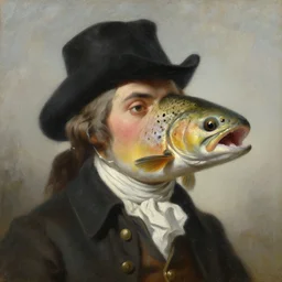 a head and shoulders portrait painting of an anthropomorphic!!!!!!!!!! brown trout fish!!!!!!!!!! wearing a colonial outfit without a hat looking off camera, a character portrait, american romanticism, oil on canvas, soft focus
