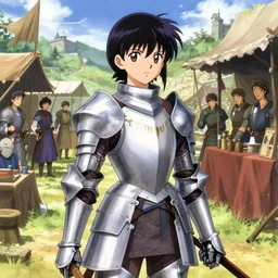 anime illustration of a young woman knight in armor in a outdoor medieval market,, ilya kuvshinov, kyoani, artgerm, krenz cushart, wlop, hiroaki samura, yoshinari yoh, james jean, katsuhiro otomo, erik jones, cel shaded, anime poster