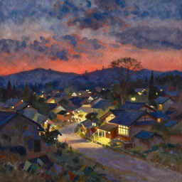 paint brush strokes, abstract watercolor painting of japanese village at nightfall, ambient lighting, art by hans dahl, by jesper ejsing, art by anders zorn, wonderful masterpiece by greg rutkowski, cinematic light, american romanticism by greg manchess, creation by tyler edlin