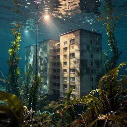 soviet residential panel building underwater, kelp forest, by greg rutkowski and seb mckinnon and hugh ferriss, street lights water refraction, rule of thirds, artstation