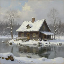 an oil painting of a lakehouse in winter, masterpiece, highly detailed, high quality, 4 k, anatomically correct, hyperrealistic, concept art, octane render, unreal engine 5, trending on artstation, trending on deviantart, matte, historical painting, fantasy style, path traced, high coherence, soft lighting, digital painting, mythical