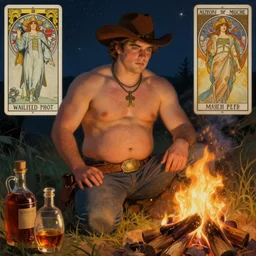 a serene, ethereal painting of a handsome mischievous thicc shirtless cowboy with a beer belly | night scene with campfire | food and jugs of whisky in the foreground | tarot card, art deco, art nouveau | by Walter Crane, by Maxfield Parrish, by Alphonse Mucha | trending on artstation