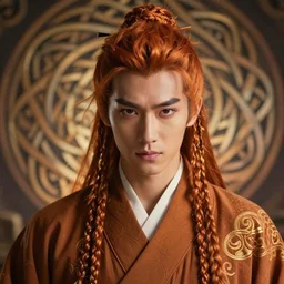 masterpiece portrait of 5 0 year old clan leader asian man with long auburn hair and two braids, cunning eyes, wearing a shaolin robe, hyper realistic face, volumetric lighting, celtic fantasy art, epic, in the style of greg rutkowski, donato giancola, tom bagshaw, intricate, hyper detailed, smooth, vibrant aura