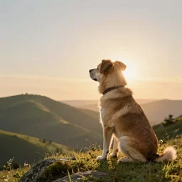 dog watching the sun sitting on a hill, hyperdetailed, artstation, cgsociety, 8 k