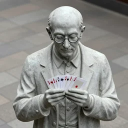 statue of a bald man wearing round glasses, holding playing cards, daytime, high camera angle