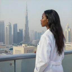 one black woman with long hair in a white lab coat gazing at the dubai skyline, realist painting