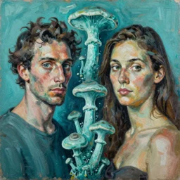 high quality high detail painting by lucian freud and jenny saville, hd, fungi growth, turquoise