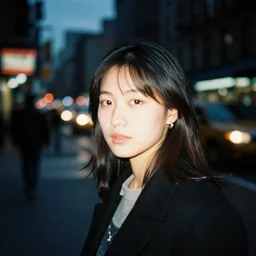 analog medium format film blurry street night flash photography close up girl portrait in new york, 1 9 6 0 s hasselblad film street photography, featured on unsplash, vintage expired colour film photograph