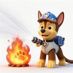 marshall from paw patrol using a water hose to extinguish the burning paw patrol base, movie poster, intricate detail, 8 k, trending on artstation, octane render