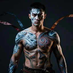 a portrait of a warrior with body paint, half figure, fractal shapes, cinematic lighting, ribbons,