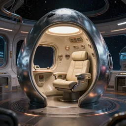 industrial striped hull color scheme and lighting. small intimate space - ship interior living quarters design shot. futuristic sci - fi professional lighting. masterpiece. digital artstation render of a slick futuristic cosmic environment by john harris. tensegrity captain's chair integrated into a giant button laden cylindrical station inspired by the shape of a hooded chrome egg avocado bean armature.