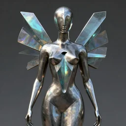 metal sculpture, female figure with chest opening up towards the viewer, geometric symmetrical forms and iridescent glass elements with sunlight rainbow reflections style of ivan black, jack storms yunchul kim anthony howe, octane render, 4 k