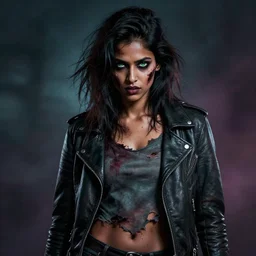 epic professional digital airbrushed portrait art of an attractive and athletic,  mid-20s East Indian supermodel emo female zombie wearing a slightly torn, cut tee shirt under a leather jacket, with deep green eyes, scary portrait, walking dead, best on artstation, cgsociety, wlop, Behance, pixiv, cosmic, epic, stunning, gorgeous,, masterpiece by Dorian Cleavanger and Stanley Lau