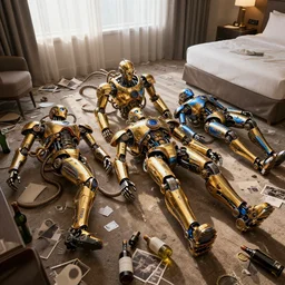 3 shiny golden and blue metallic steampunk humanoid robots with gears and tubes laying passed out in a destroyed hotel room with empty bottles all over the floor, pressphoto, dawn light, insanely detailed, 3 5 mm lens, wide shot