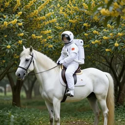 an astronaut rode a white horse in a forest of osmanthus, dreamy style