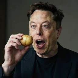 elon musk surprised, mouth open wide, holding a potato, 4 k photography, highly detailed, portrait, cinematic lighting