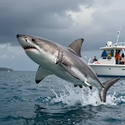 great - white shark jumping out of the water posing for a photo with people on a boat