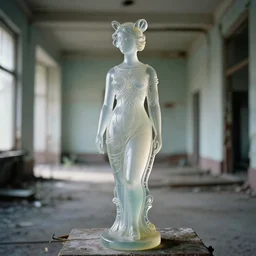 a feminine glass statue in a soviet abandoned building, film still by david lynch, depicted by balthus, limited color palette, very intricate, art nouveau, highly detailed, lights by hopper, soft pastel colors, minimalist