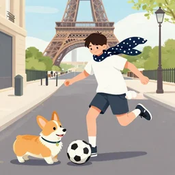 illustration of boy playing football with his polkadot scarf wearing corgi on the streets of paris