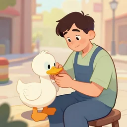illustration of a man in the street whose profession is maker of stuffed animals in the shape of a duck, disney, pixar, cartoon, cute