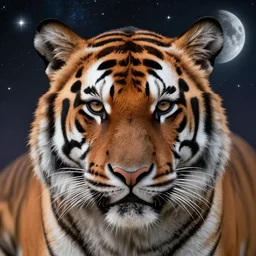 portrait of a tiger face, utopian galaxy, stars and a mf moon or planet, intricately detailed, hyper realism, by yuko shimizu, by raja ravi varma, behance, deviant art, wiccan, photo illustration, made of beads and yarn, by kahlo