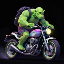 psychedelic blacklight airbrush artwork, hyper stylized action shot of an orc riding a motorcycle, clear focused details, soft airbrushed edges and gradients, black background, cgsociety, artstation