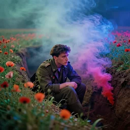 smoke,!!! neon colored, tilt shift wwi poppies pondering over a dug out trench, dramatic light, zdzidaw, ultrafine, hyperrealistic, 3 2 k, 3 5 mm film still, movie