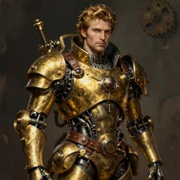 Mechanical steampunk man in gold, brass and leather