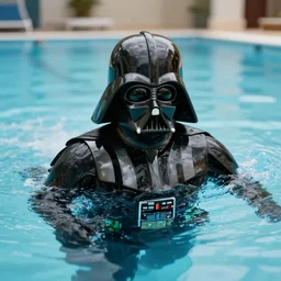 Darth Vader swimming in a swimming pool, photo realistic, highly-detailed, award-winning