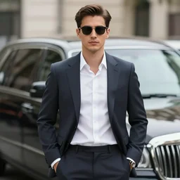 a picture of the most attractive man on the planet wearing a suit, hands in his pockets, sunglasses, limousine in the background