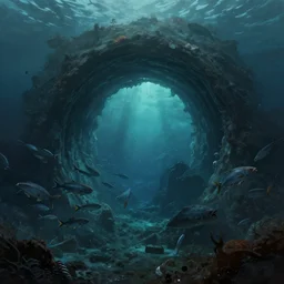 a portal to the void deep below the mariana trench, fishes swimming towards the portal, eerie, mixed media, concept art, digital painting, trending on artstation, highly detailed, epic composition, 8 k uhd