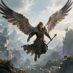 hyperrealistic render of a winged male fantasy warrior flying through a magical world