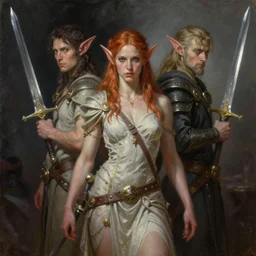 female elves carrying two swords, painted by artgerm and tom bagshaw, fantasy art, dramatic lighting, highly detailed oil painting