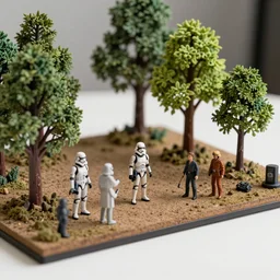 a detailed photo of a diorama with star wars toys, macro photography, zoom, model trees, table, studio lighting