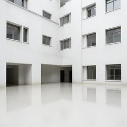 flooded building entirely made of white tiles, liminal space, surreal, minimalist architecture,
