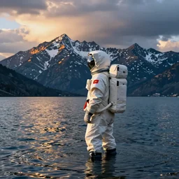 an astronaut standing in the water of Lake Baikal and looking at the mountains. Photo by professional. Nikkor