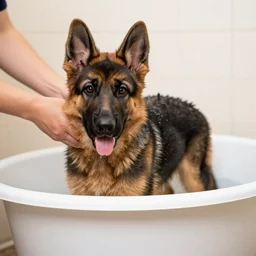 German Shepherd puppy takes a bath