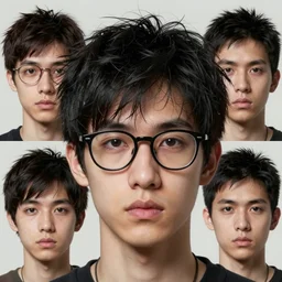portrait of a young man, black hair, chaotic hair, glasses, detailed, hyperrealistic, realistic, symmetrical, by artgerm, by anato finnstark, by alena aenami, by john harris, by ross tran, by wlop, by andreas rocha