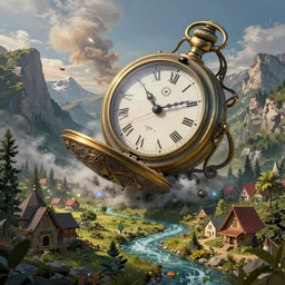 a huge victorian pocket watch statue fell from the sky into the sacred valley basin of olympus mountain, and the nearby area was filled with smoke. creek, magician village, tintar light effect, magnificent large scene, rich details, vigorous color scheme, mixer rendering, matte painting, trending on artstation.
