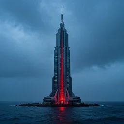 symmetric!!!, a futuristic tower in the middle of the rainy ocean, absolutely perfect symmetric composition, highly realistic concept art, blue cold atmosphere, but there is a red light glowing under the tower, perfeclty symmetric, composition, great lighting, chiaroscuro, photography, cinematography, high quality, on trending, beautiful, brutalism, gigantism, 4 k
