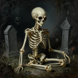 still life of surreal alien skeleton at a cyberpunk graveyard at night, beautiful baroque painting, chiaroscuro, beautiful detailed unreal engine octane render by rutkowski, caravaggio, giger, beksinski