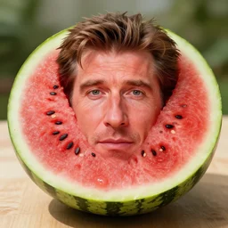 a slice of water melon with the face of mel gibson