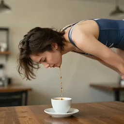 a young woman diving into a cup of coffee