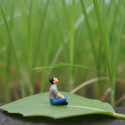 a miniature figure sitting on a leaf, looking up at blades of grass above