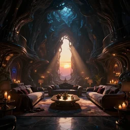 videogame screenshot of a very dark dreamy luxury bioluminescent organic cave maximalist living room, candlelight, sunset glow, dark shadows, god rays, chiaroscuro, backlit, octane render, volumetric lighting, raytracing, symmetrical wide shot low angle