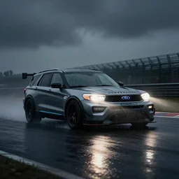 Ford Explorer 2022. Ford GT Le Mans car sedan coupe 2 door racing on dimly lit track overcast skies raining headlights illuminating track, volumetric lighting cinematic vray photo muted colors dark cinematic. front side view uncropped centered. artstation trending dramatic harsh lighting low exposure