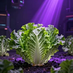 a futuristic cyberpunk lettuce at night, purple ray traced light by WLOP and tony sart, god rays, fantasy art, 4k, HDR, photorealistic, 8k, trending on artstation