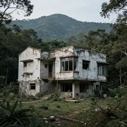 horrific brutalist house on a secluded mountain with trees around
