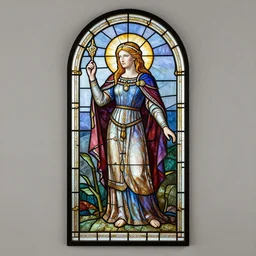 full - body stained glass artwork, imogen poots paladin, by coles phillips, alphonse mucha. art nouveau neo - gothic stained glass by mucha. dota. swirly intricate glass linework background. gaudy colors, sharp edges. ultra clear detailed. 8 k. elegant. octane render